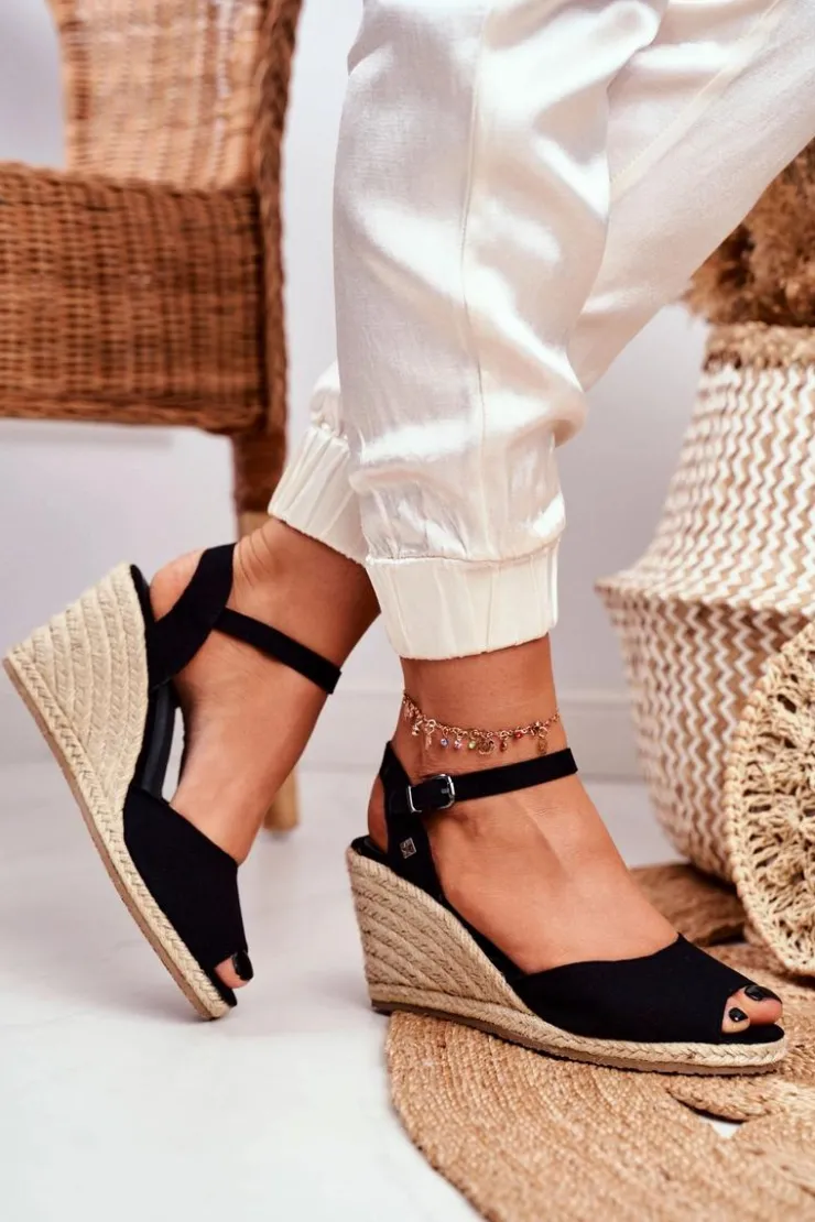 Big Star Shoes Sandały Big Star|Sandały Na Koturnie*Sandały Damskie Na Plecionej Koturnie Big Star Czarne DD274A209