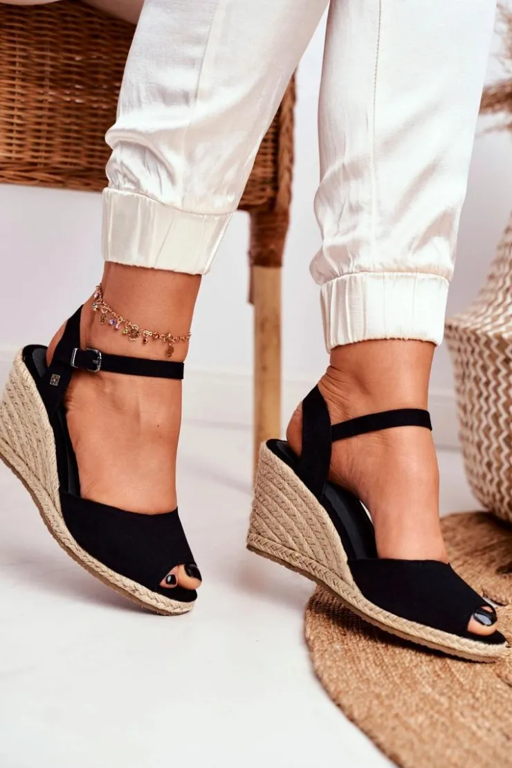 Big Star Shoes Sandały Big Star|Sandały Na Koturnie*Sandały Damskie Na Plecionej Koturnie Big Star Czarne DD274A209