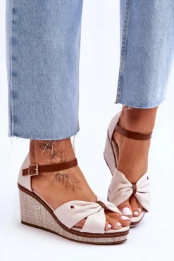 New Boto Sandały Damskie Na Plecionym Koturnie Beżowe Judith