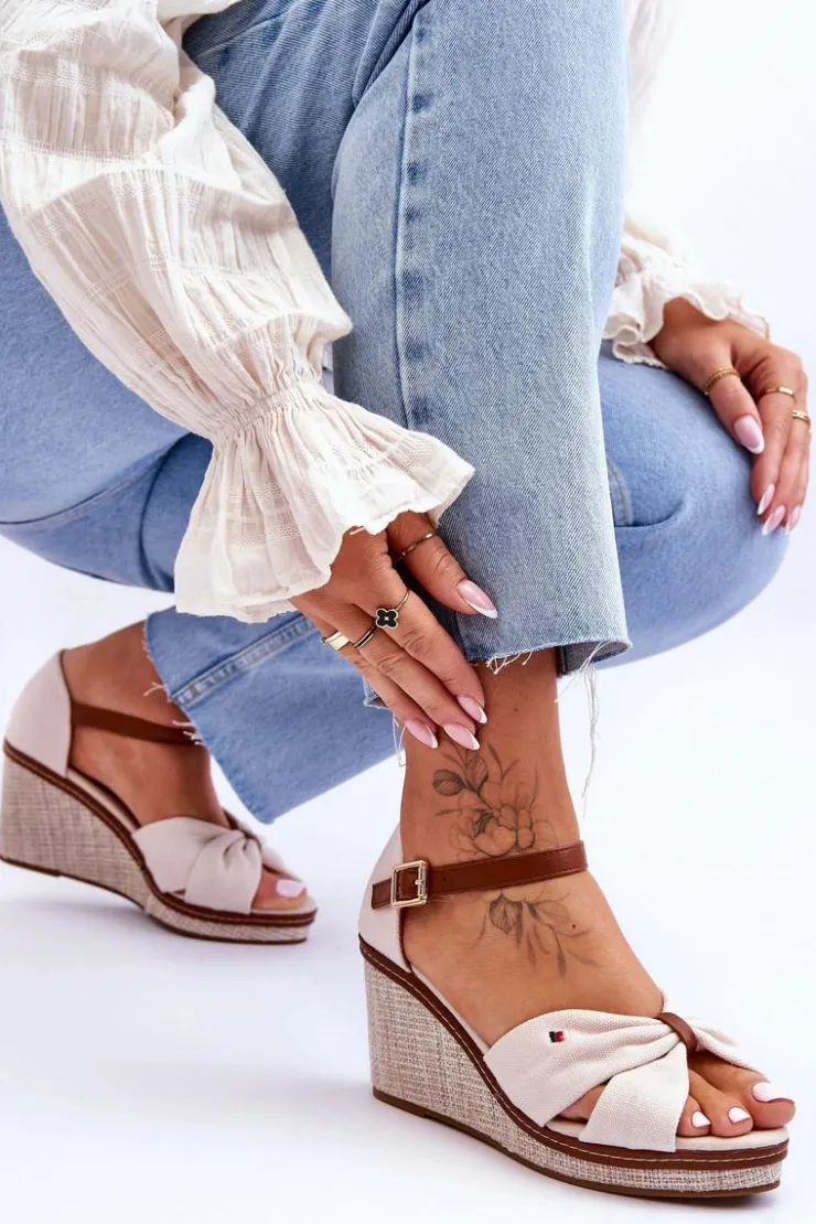 New Boto Sandały Damskie Na Plecionym Koturnie Beżowe Judith