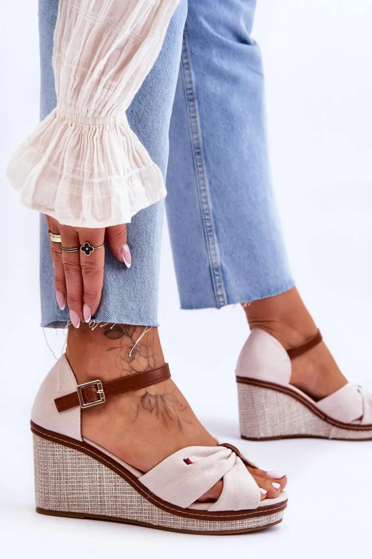 New Boto Sandały Damskie Na Plecionym Koturnie Beżowe Judith