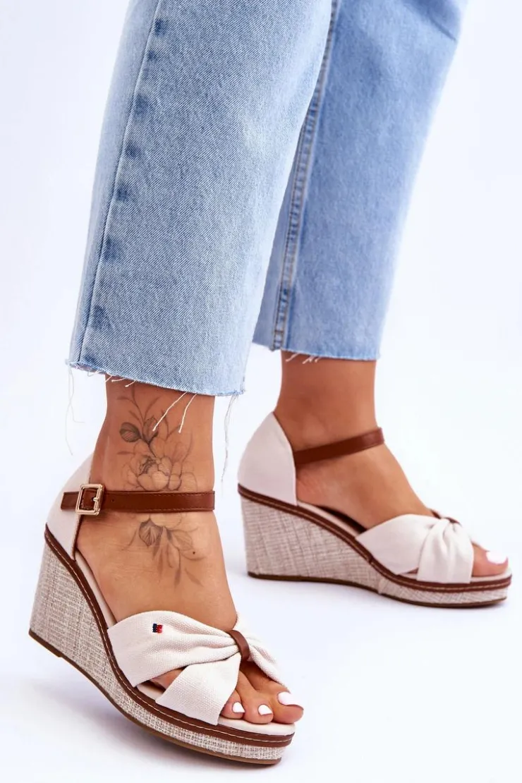 New Boto Sandały Damskie Na Plecionym Koturnie Beżowe Judith