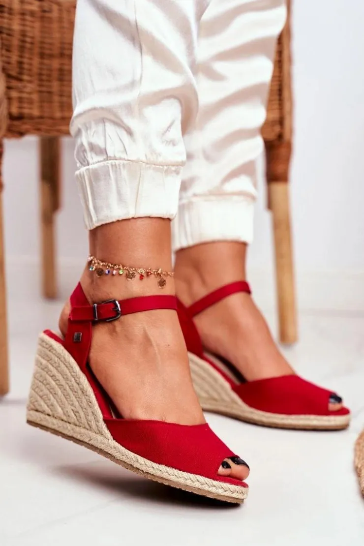 Online Big Star Shoes Sandały Damskie Na Plecionej Koturnie Big Star Czerwone DD274A213