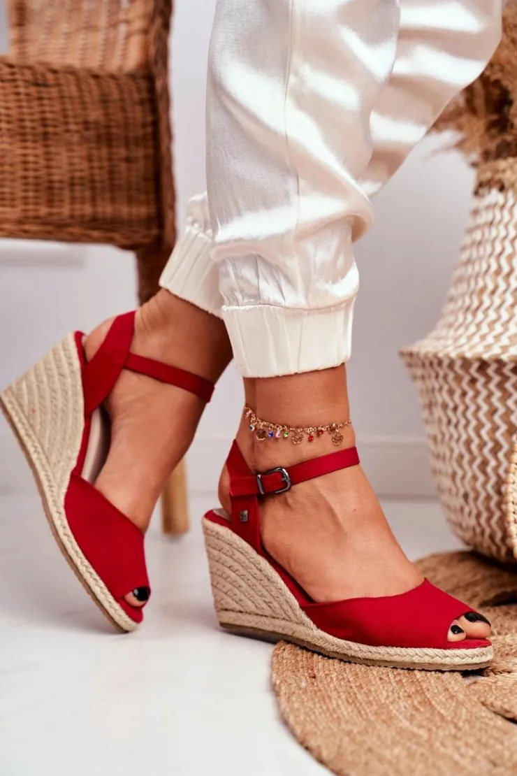 Online Big Star Shoes Sandały Damskie Na Plecionej Koturnie Big Star Czerwone DD274A213