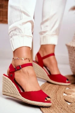 Online Big Star Shoes Sandały Damskie Na Plecionej Koturnie Big Star Czerwone DD274A213