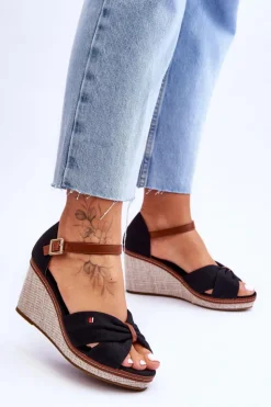 Boto Sandały Na Koturnie*Sandały Damskie Na Plecionym Koturnie Czarne Judith