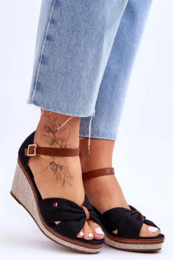 Boto Sandały Na Koturnie*Sandały Damskie Na Plecionym Koturnie Czarne Judith