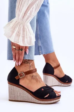 Boto Sandały Na Koturnie*Sandały Damskie Na Plecionym Koturnie Czarne Judith