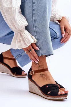 Boto Sandały Na Koturnie*Sandały Damskie Na Plecionym Koturnie Czarne Judith