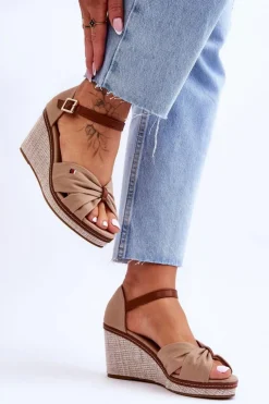 Damskie Boto Sandały Damskie Na Plecionym Koturnie Ciemnobeżowe Judith