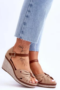 Damskie Boto Sandały Damskie Na Plecionym Koturnie Ciemnobeżowe Judith