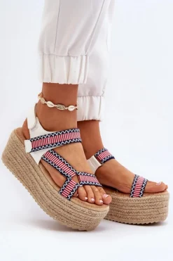 Boto Sandały Damskie Na Plecionej Masywnej Podeszwie Białe Luminea