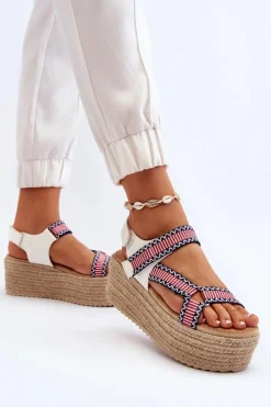 Boto Sandały Damskie Na Plecionej Masywnej Podeszwie Białe Luminea