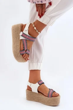 Boto Sandały Damskie Na Plecionej Masywnej Podeszwie Białe Luminea