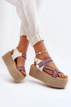 Boto Sandały Damskie Na Plecionej Masywnej Podeszwie Białe Luminea