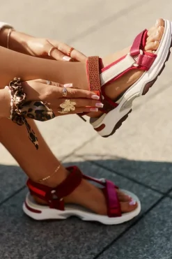 Damskie D.Franklin Sandały Damskie Na Rzepy DFSH406003 Bordowe