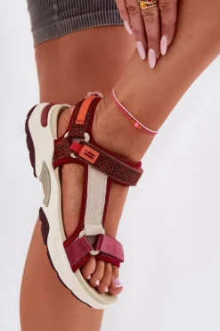 Damskie D.Franklin Sandały Damskie Na Rzepy DFSH406003 Bordowe