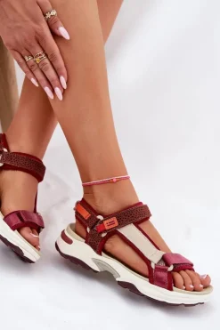 Damskie D.Franklin Sandały Damskie Na Rzepy DFSH406003 Bordowe