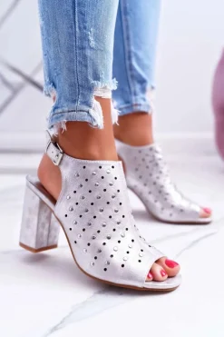 Outlet Buty damskie Vinceza Sandały Damskie Na Słupku Ażurowe z Dżetami Srebrne Hendrix