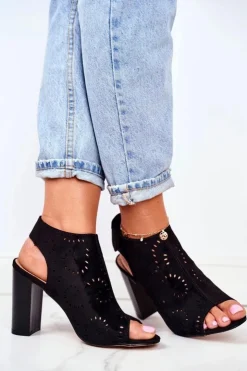 Discount Evento Sandały Damskie Na Słupku Ażurowe Na Rzep Czarne Rules