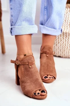 Boto Sandały Ażurowe|Sandały Na Obcasie*Sandały Damskie Na Słupku Ażurowe Brązowe Kira