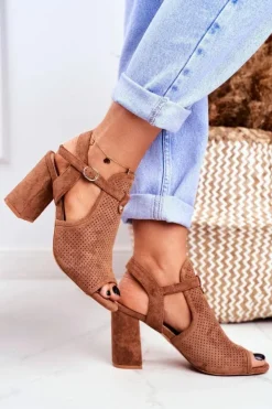 Boto Sandały Ażurowe|Sandały Na Obcasie*Sandały Damskie Na Słupku Ażurowe Brązowe Kira