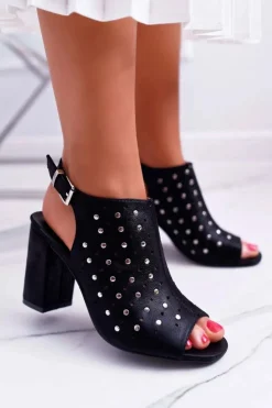 Buty damskie Vinceza Sandały Ażurowe|Sandały Na Obcasie*Sandały Damskie Na Słupku Ażurowe z Dżetami Czarne Hendrix