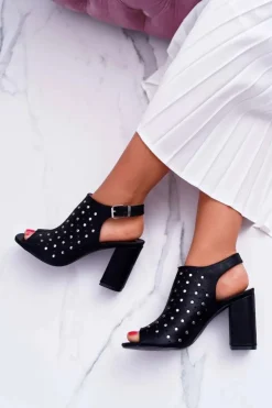 Buty damskie Vinceza Sandały Ażurowe|Sandały Na Obcasie*Sandały Damskie Na Słupku Ażurowe z Dżetami Czarne Hendrix