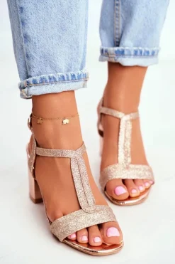 Discount Boto Sandały Damskie Na Słupku Brokatowe Champagne Perfecto