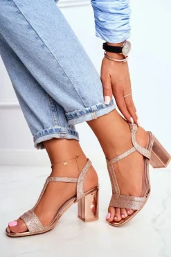 Discount Boto Sandały Damskie Na Słupku Brokatowe Champagne Perfecto