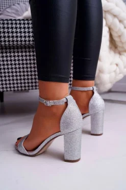 Boto Sandały Na Obcasie*Sandały Damskie Na Słupku Brokatowe Srebrne Berglat