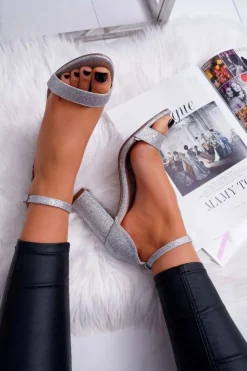 Boto Sandały Na Obcasie*Sandały Damskie Na Słupku Brokatowe Srebrne Berglat