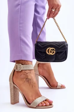 Boto Sandały Damskie Na Słupku Ciemny Złoty Brokat Joalice