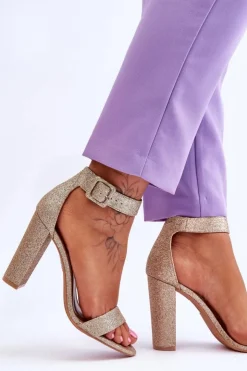 Boto Sandały Damskie Na Słupku Ciemny Złoty Brokat Joalice