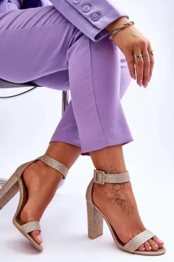 Boto Sandały Damskie Na Słupku Ciemny Złoty Brokat Joalice