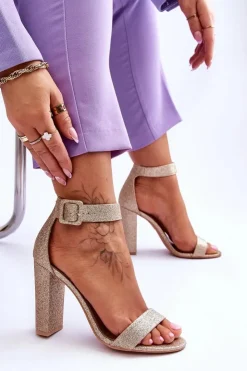 Boto Sandały Damskie Na Słupku Ciemny Złoty Brokat Joalice