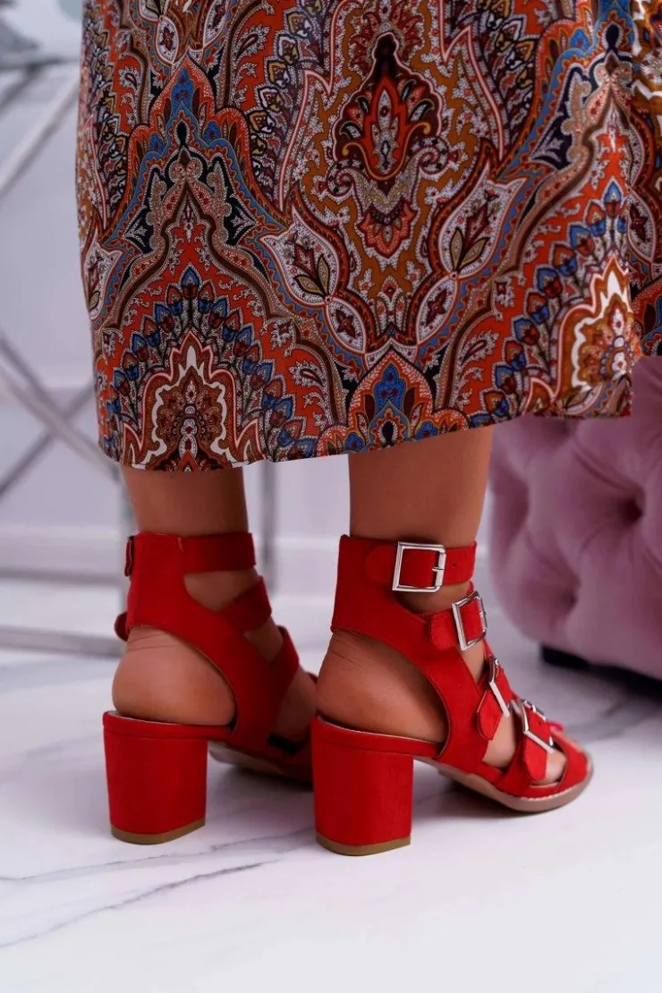 Sale Boto Sandały Damskie Na Słupku Gladiatorki Zamsz Czerwone Nella