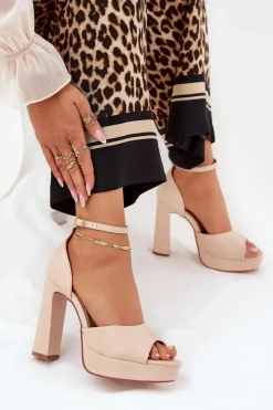 Boto Sandały Na Słupku|Sandały Na Obcasie*Sandały Damskie Na Słupku I Platformie Eko Skórzane Beżowe Lomman Beżowy