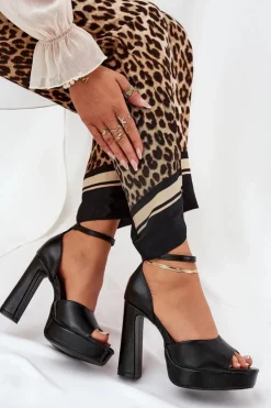 Hot Boto Sandały Damskie Na Słupku I Platformie Eko Skórzane Czarne Lomman Czarny