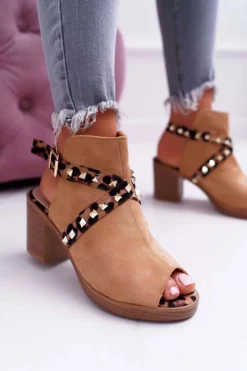 Damskie Boto Sandały Damskie Na Słupku Lu Boo Z Cholewką Camel 318-30 Fiode