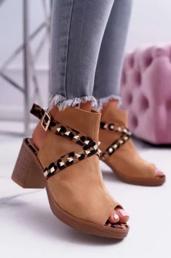 Damskie Boto Sandały Damskie Na Słupku Lu Boo Z Cholewką Camel 318-30 Fiode