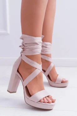 Outlet Boto Sandały Damskie Na Słupku Platforma Wiązane Beżowe LaFiesta