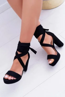 Hot Boto Sandały Damskie Na Słupku Platforma Wiązane Czarne LaFiesta