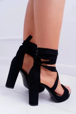 Hot Boto Sandały Damskie Na Słupku Platforma Wiązane Czarne LaFiesta