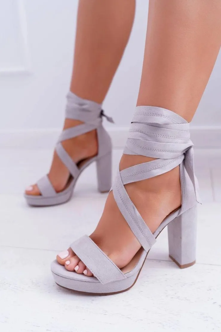 Hot Boto Sandały Damskie Na Słupku Platforma Wiązane Szare LaFiesta