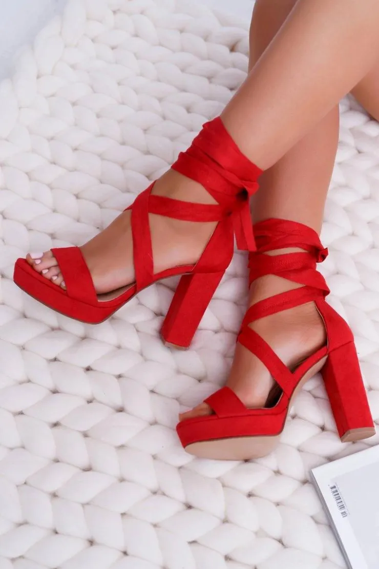Online Boto Sandały Damskie Na Słupku Platforma Wiązane Czerwone LaFiesta