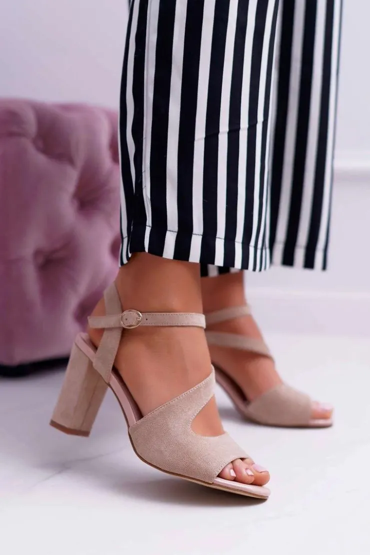 Sale Buty Sergio Leone Sandały Damskie Na Słupku Sergio Leone SK868 Zamszowe Beżowe Mersi