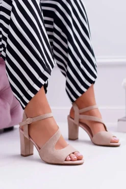 Sale Buty Sergio Leone Sandały Damskie Na Słupku Sergio Leone SK868 Zamszowe Beżowe Mersi