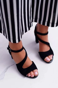 Online Buty Sergio Leone Sandały Damskie Na Słupku Sergio Leone SK868 Zamszowe Czarne Mersi