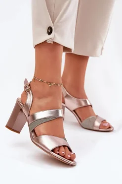 Buty Sergio Leone Sandały Na Słupku|Sandały Na Obcasie*Sandały Damskie Na Słupku Sergio Leone SK866 Różowe Złoto Złoty